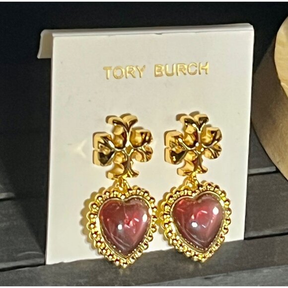 Tory Burch Gold and Pink Roxanne Heart Drops Earrings - Picture 3 of 3